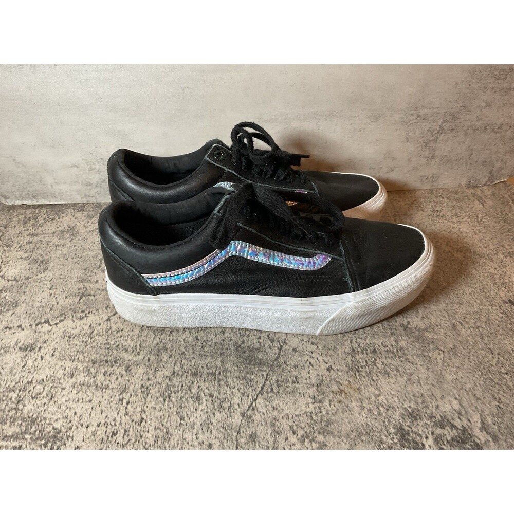 Leather VANS Old Skool Platform Shoes w/Hologram Stripe Mens Sz 7 Women Sz 8.5